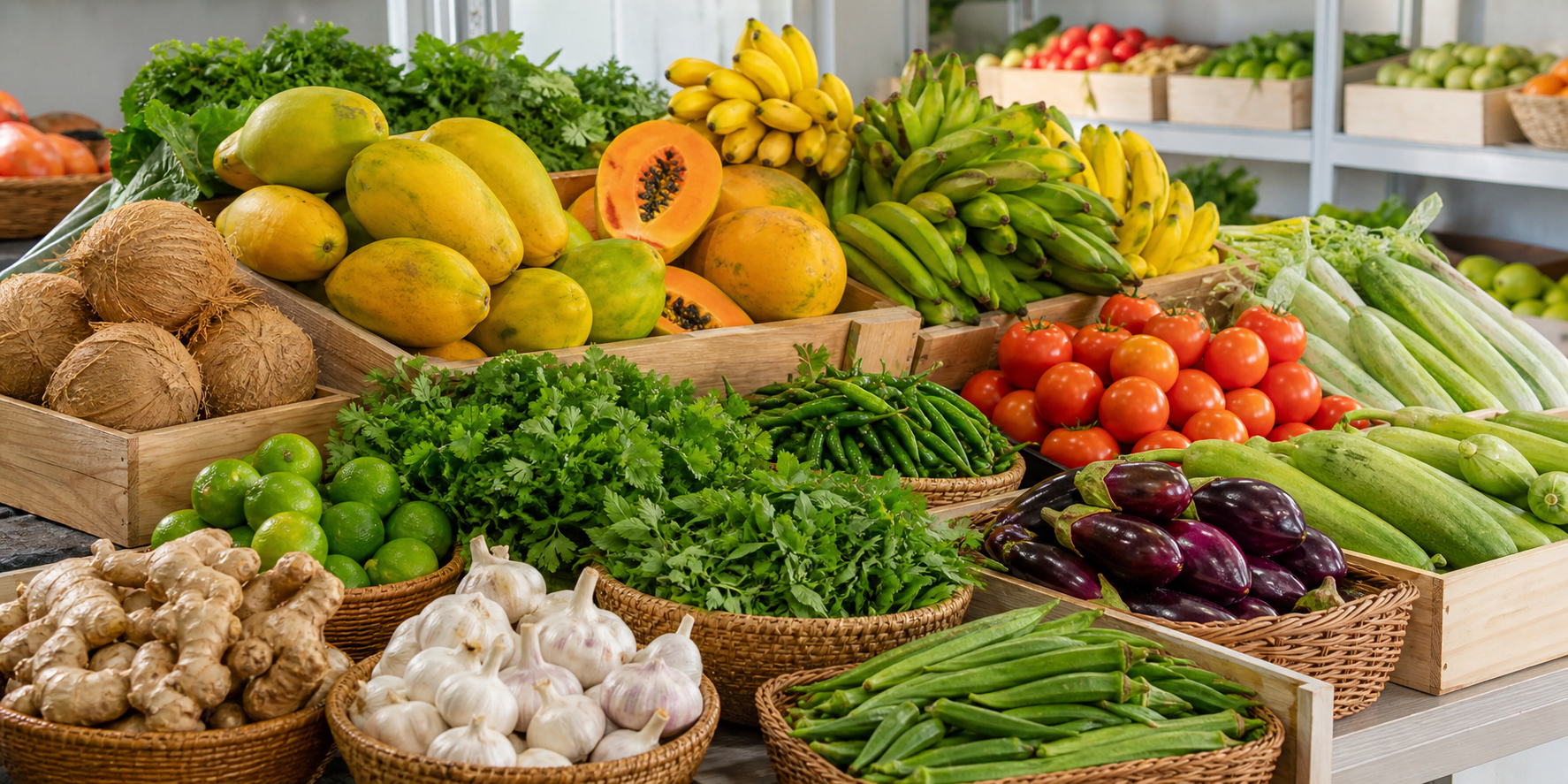 A colourful display of fresh mangoes, bananas, papaya, coconuts, herbs and Asian vegetables