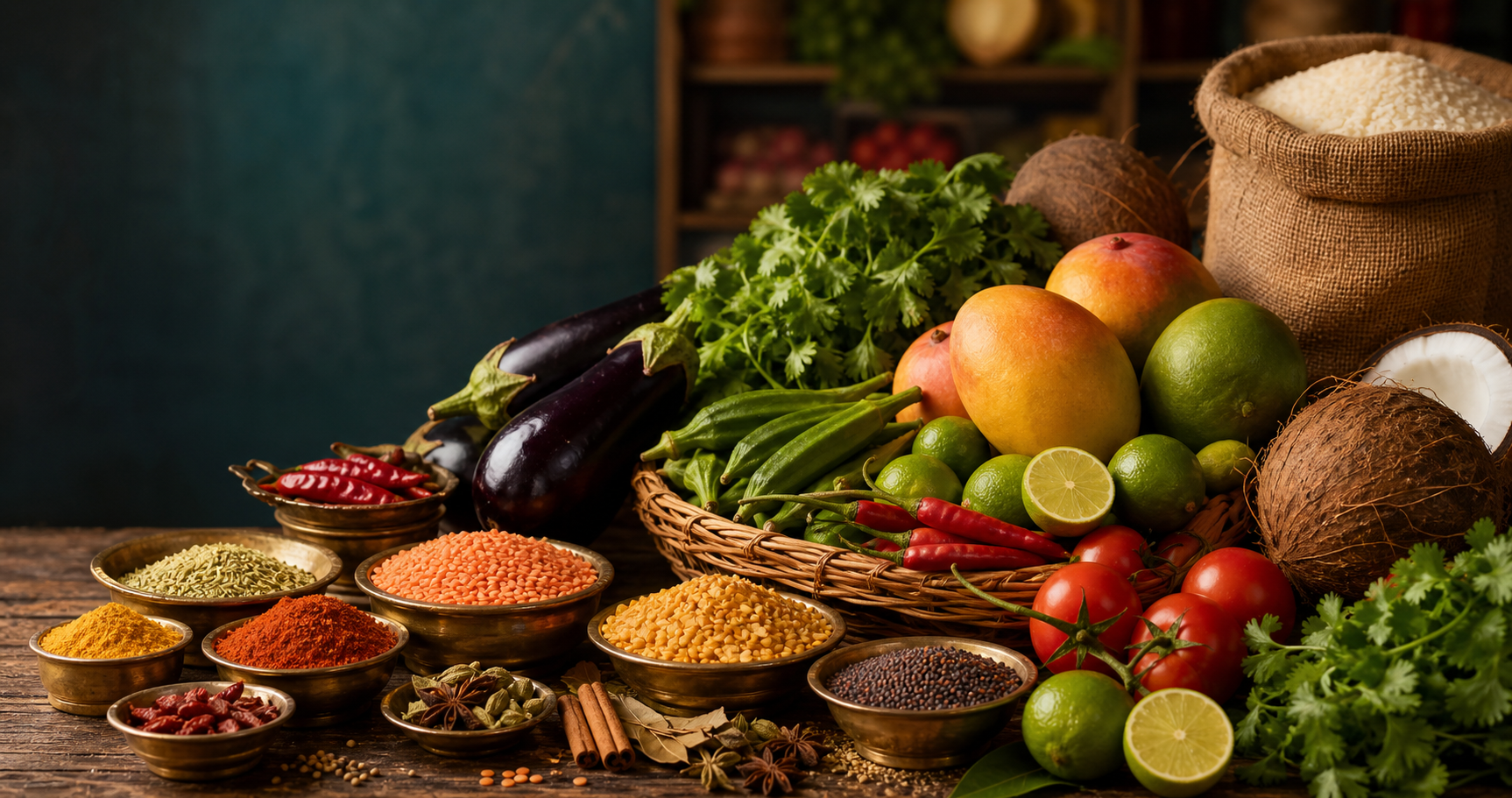 Fresh fruit, vegetables, rice, lentils and spices available at Sathyam Supermarket